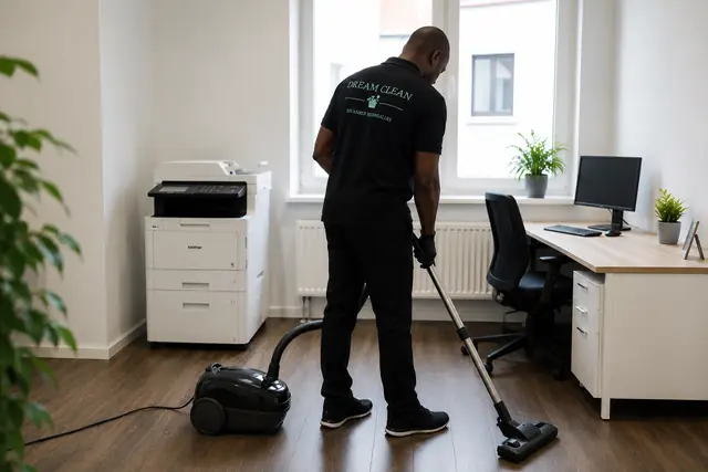 Reinigungskraft saugt ein modernes Büro